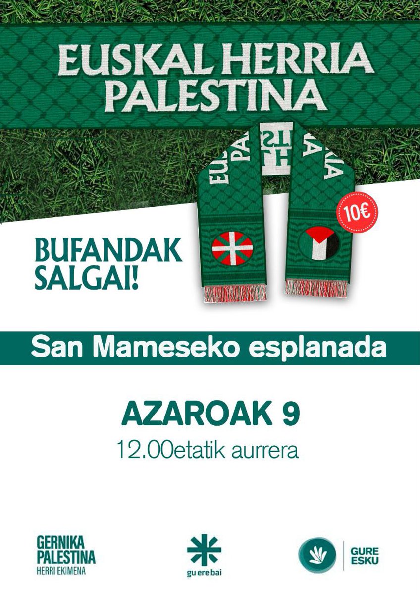 Astebete besterik ez Euskal Selekzioaren eta Palestinaren arteko partidarako. Baduzu zeure bufanda? Bihar, Bilbon egongo gara. Zatoz eta eskuratu partida historiko horren bufanda!