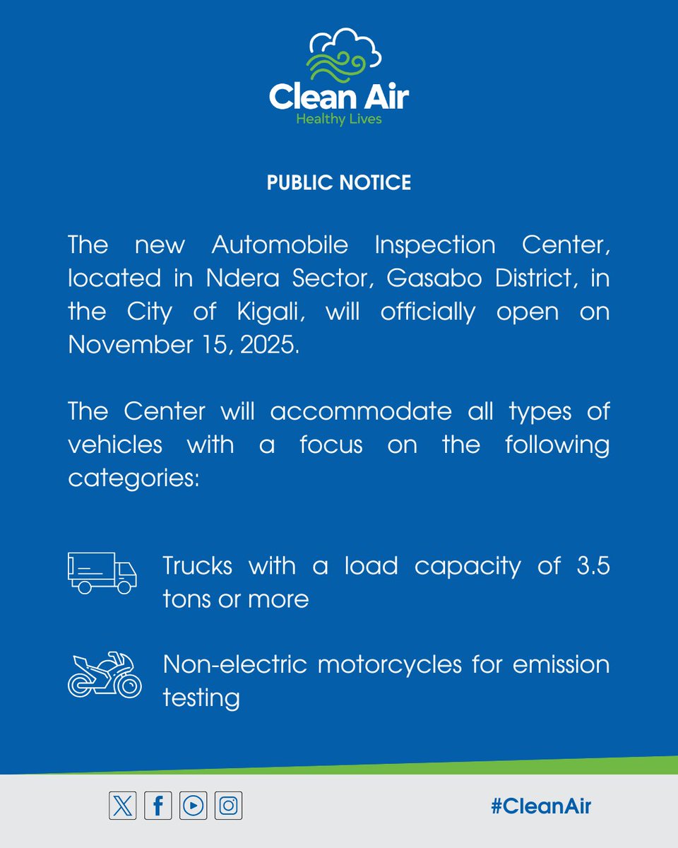 REMA_Rwanda's tweet photo. 📢Ndera Automobile Inspection Center will open soon. Starting November 15, 2025, the center will provide inspection services for all types of vehicles, with a focus on trucks and non-electric motorcycles https://t.co/iohrOxsP2n