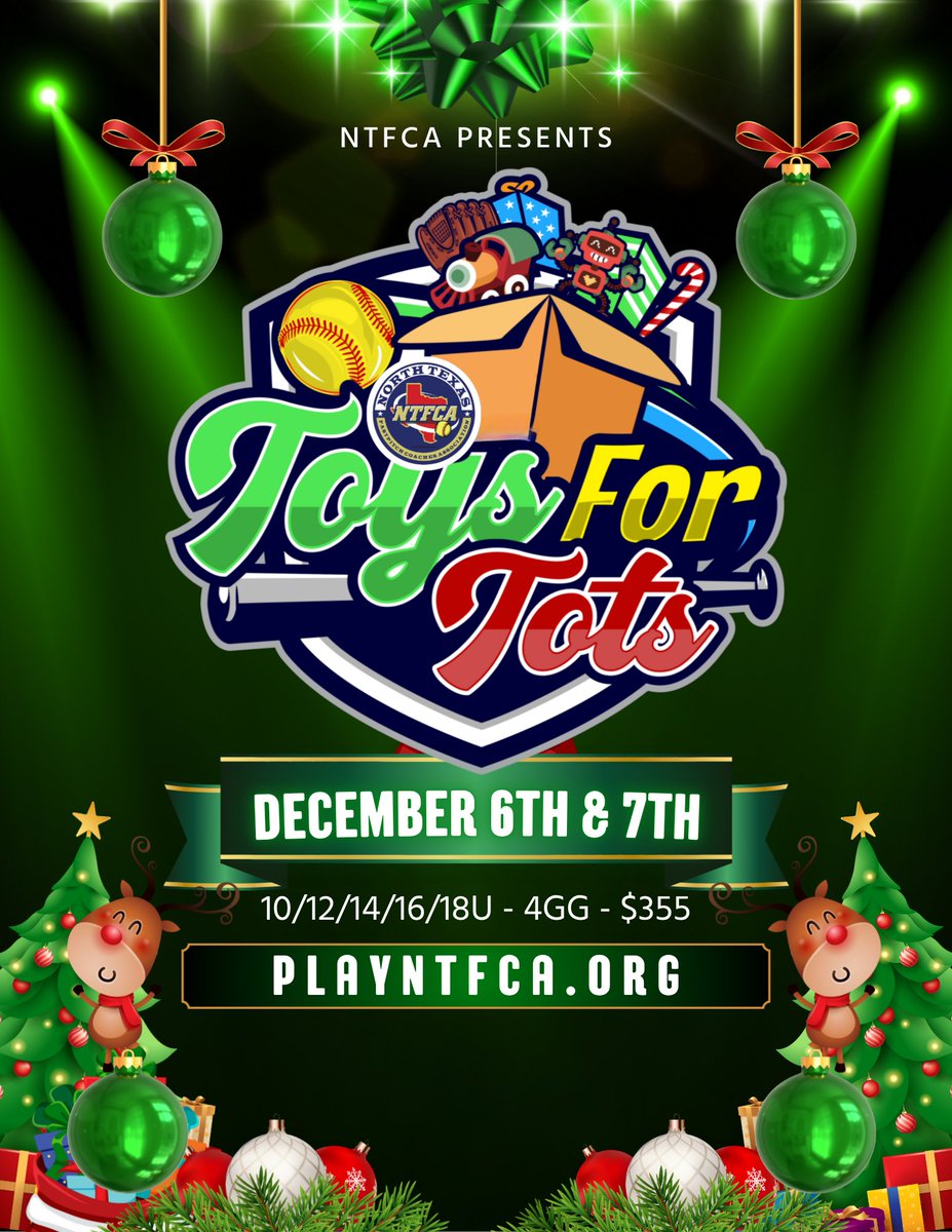 TOYS FOR TOTS!
🎅🌲🎁
December 6th &amp; 7th NTFCA is bringing back our Toys for Tots event. Bring your 10u, 12u, 14u, 16u, or 18u squad out for the best December event in the Metroplex to play softball &amp; spread some holiday cheer. Register now at playntfca.org