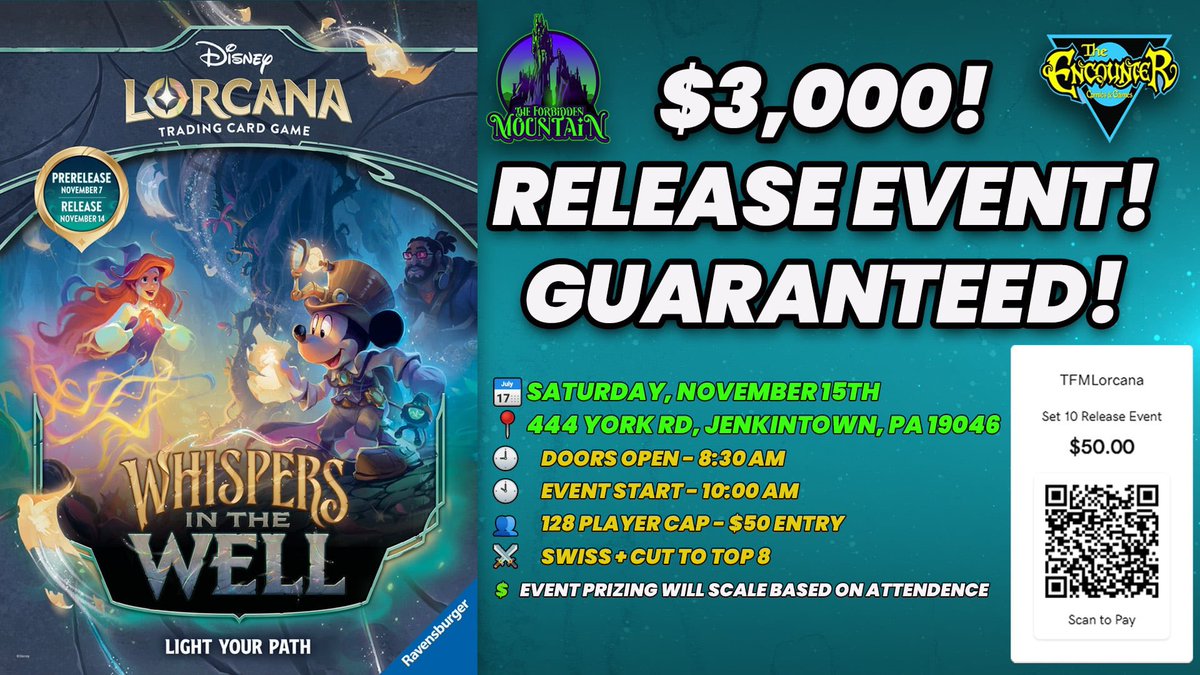 We now have a Presale form for our event!
Looking to get cards?

docs.google.com/forms/d/e/1FAI…

Have you registered for the event yet?

theforbiddenmountain.com/tfm-events

#DisneyLorcana 

Come play against <a href="/lizardkitty3/">TFM | Melissa</a> <a href="/Chronosx97/">TFM | Orion</a> <a href="/BradenMTG/">Braden</a> 

And meet <a href="/TFMDan_Lorcana/">TFM | Dan | NACC Qualified</a> <a href="/scottalandis/">Scott Landis</a>