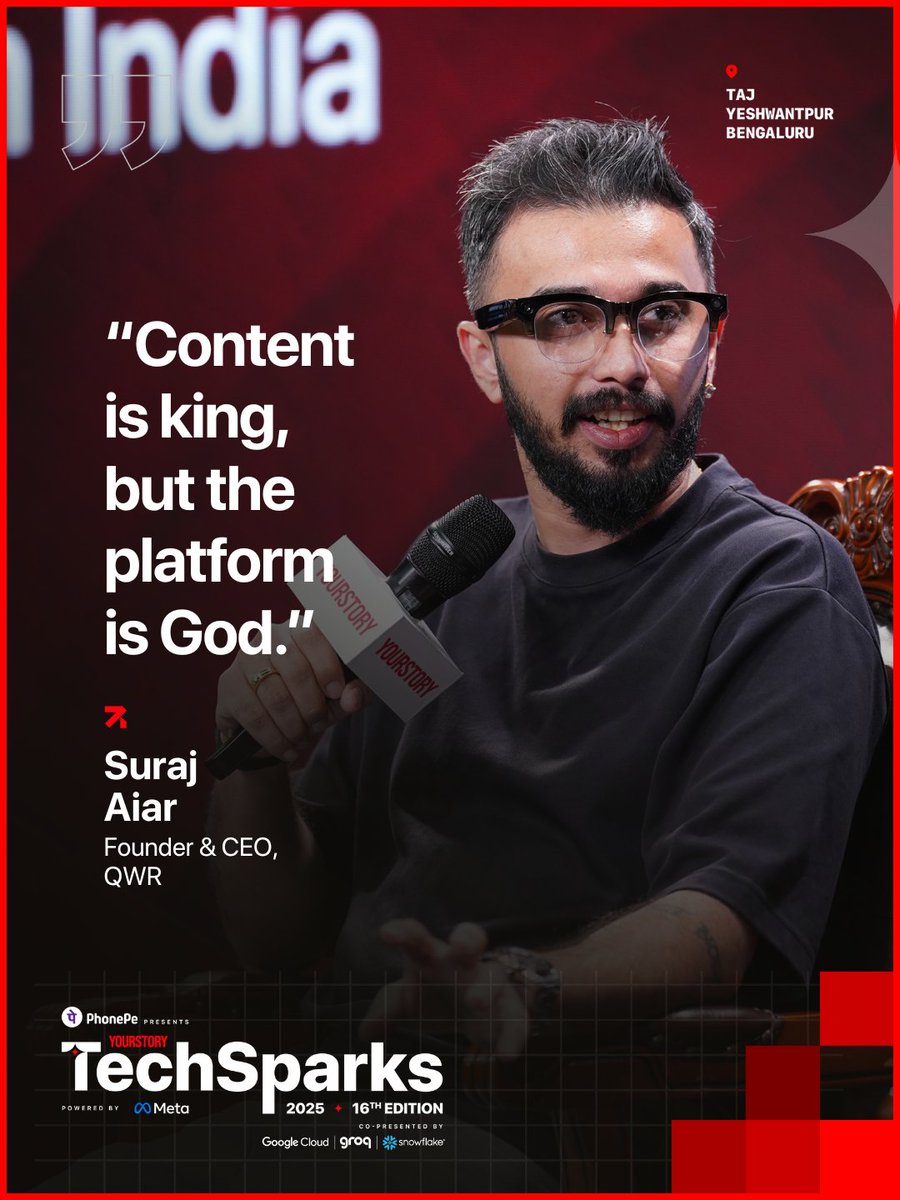 _TechSparks's tweet image. At #TechSparks2025, @Suraj_Qwr, Founder &amp;amp; CEO of @QWR_asia, shared how understanding user comfort drives innovation. “Find the balance between interaction and immersion; learn from user response, then work backwards from the problem to build your strategy,” he said.

@YourStoryCo