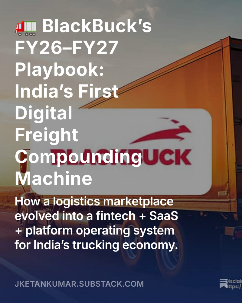 jketankumar's tweet image. 🚛 Blackbuck is quietly becoming the ONDC of trucking. Detailed Report

#BlackBuck #LogisticsTech #SaaS #Fintech #IndiaTech #Startup #Profitability #Investing #GrowthStocks #BuildInIndia #ZinkaLogistics #Multibagger  

Read more --&amp;gt; open.substack.com/pub/jketankuma…