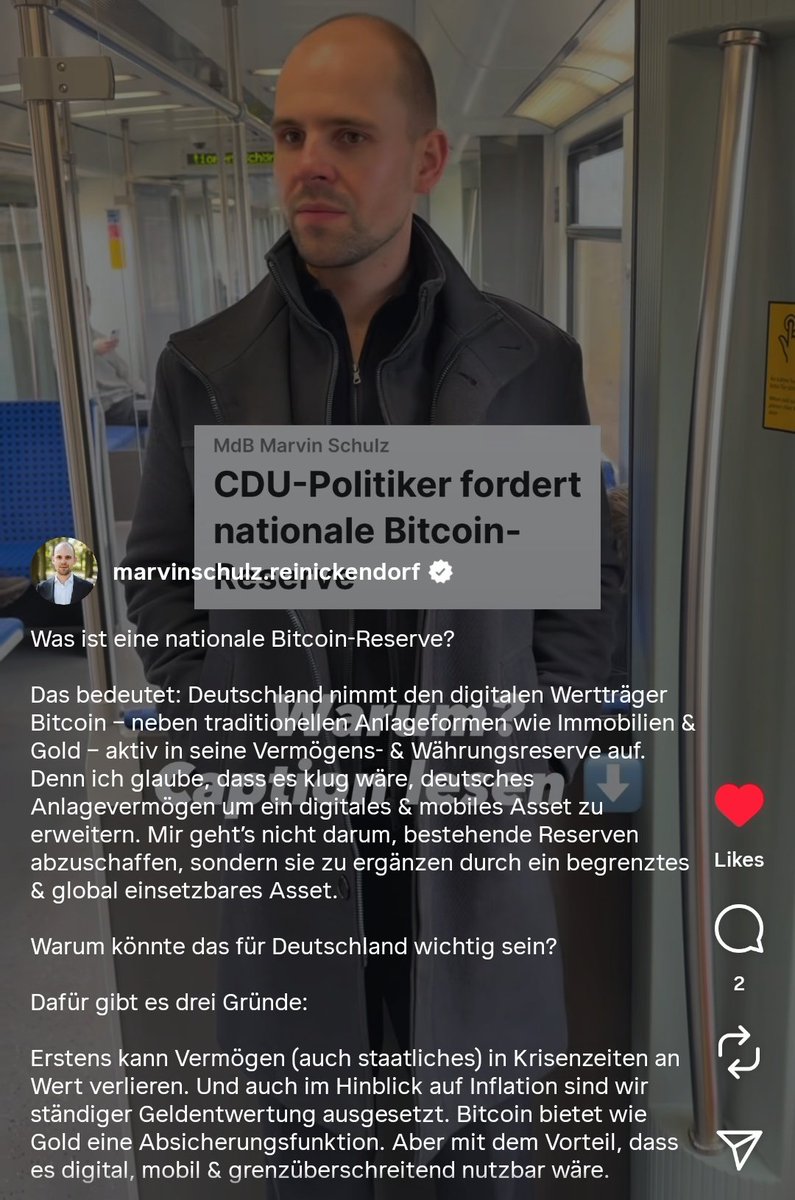 Die nächste Bitcoin Forderung aus dem Bundestag:

Mavin Schulz, MdB für Reinickendorf, setzt sich für eine nationale Bitcoin Reserve ein. 

Da es noch mehr Bitcoin Befürworter in der Regierung und Opposition gibt, könnt ihr euch für 2026 wieder auf Bitcoin Veranstaltungen im