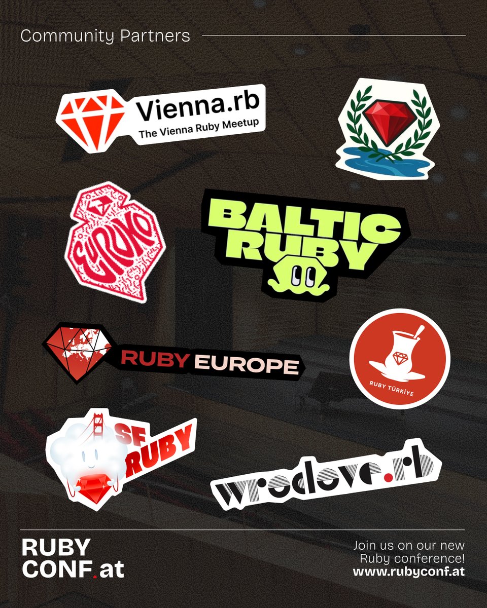 RubyConfAT's tweet image. We are blessed with amazing community partners at #RubyConfAT . Folks that are doing beautiful things for the #Ruby community day in - day out. 

Thank you for being a part of our journey! 

@sfrubyconf (tickets on sale!) @rubyconitaly (tickets on sale!)