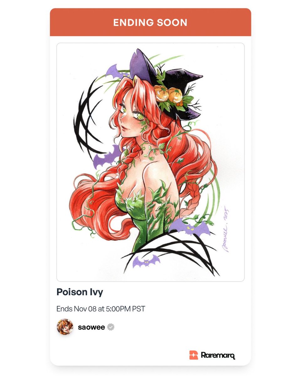 raremarq's tweet photo. Final hours to bid on this gorgeous post Halloween treat by @_saowee! This 9x12 Poison Ivy is done on hot-pressed watercolor paper using watercolors, inks, and acrylics.
https://t.co/G7RlWpXPzv
#raremarq #saowee #poisonivy #dccomics #originalart #sketchart https://t.co/k2id86IX6f