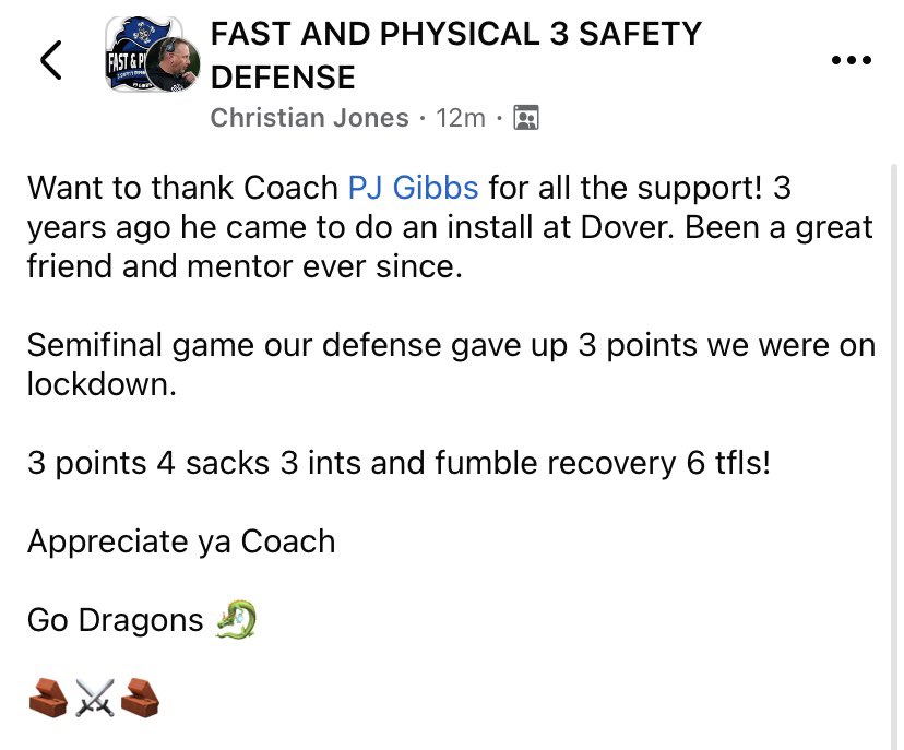 GibbsDefense's tweet photo. Proud of the work at Dover. 3 years ago we installed the FAST & PHYSICAL 3-Safety system — now they’re in the semifinals and locked in.
Gave up 3 points:
4 sacks • 3 INTs • 1 FR • 6 TFLs
When coaches teach and players trust, havoc follows.
Go Dragons 🐉🏈
#FastAndPhysical https://t.co/Koc6ejNB45
