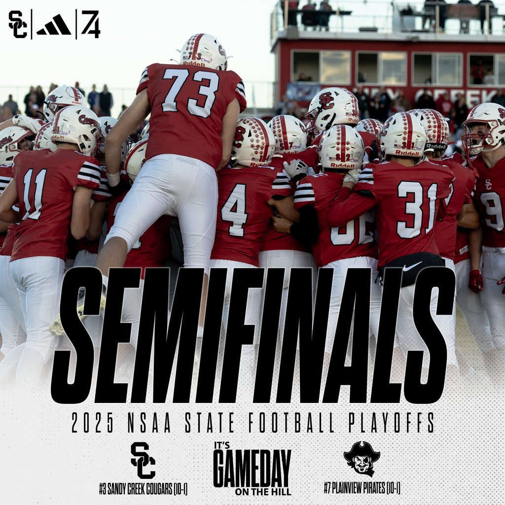 The #3 Sandy Creek Cougars (10-1) will host the #7 Plainview Pirates (10-1) at 6:00PM on The Hill on Friday night! #WeAreSC #RunItBack #nebpreps