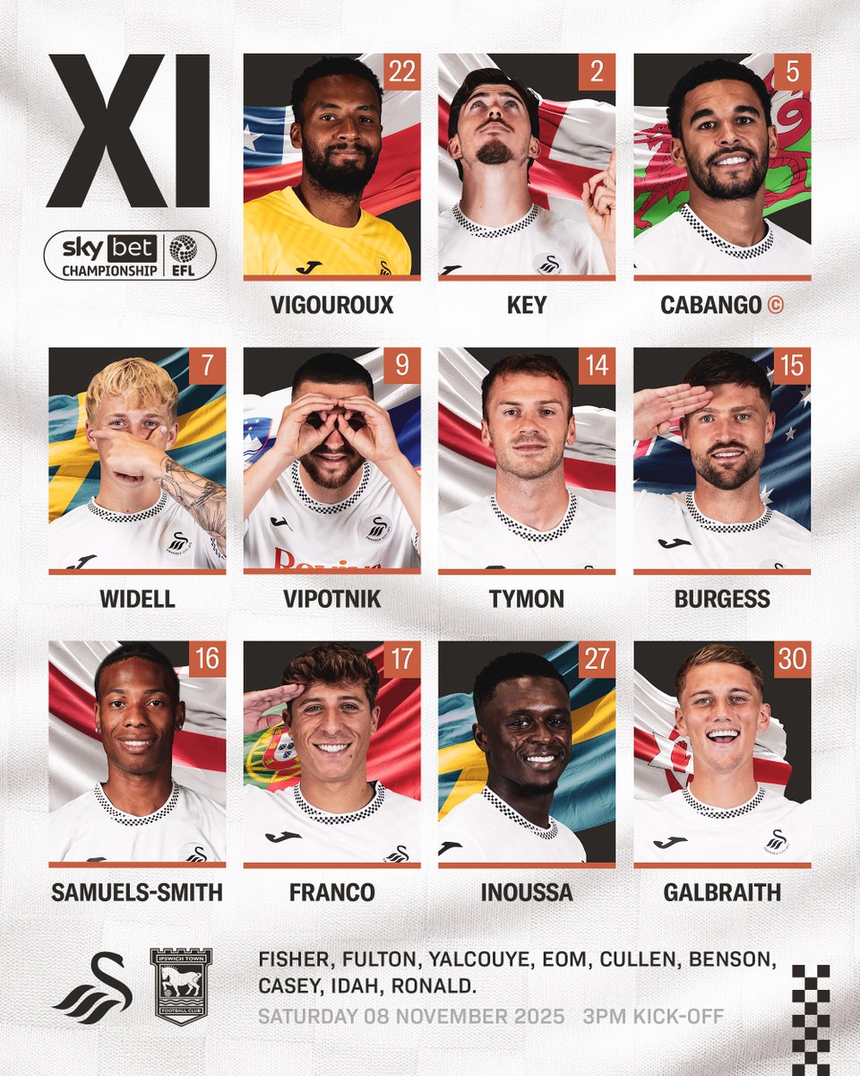SwansOfficial's tweet image. Your #Swans to face Ipswich Town this afternoon 🦢
