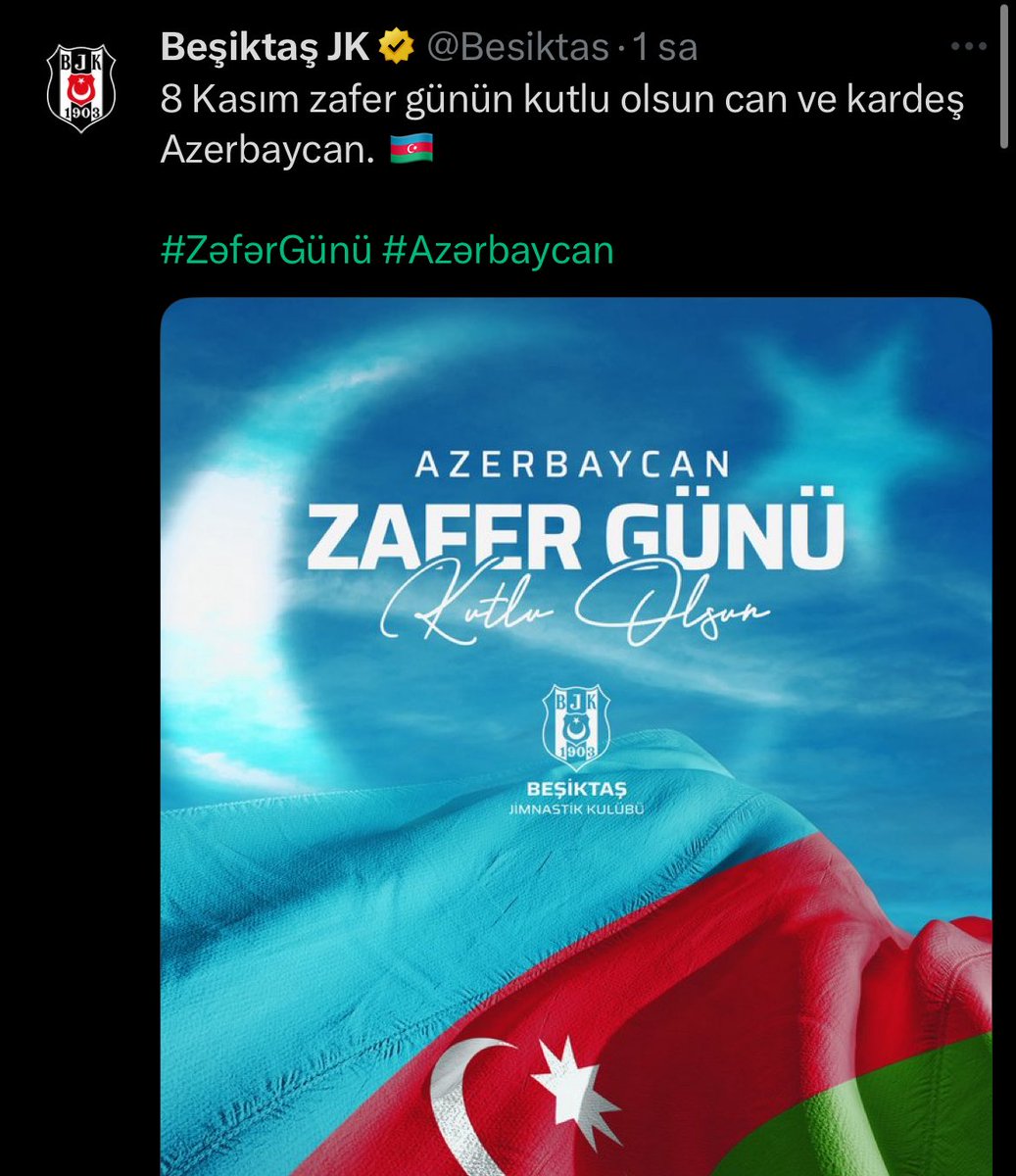 vaziyethaberr's tweet photo. Azərbaycan’ın Zəfər Günü’nü Türk Kulüplərindən Fenerbahçe və Beşiktaş qutladı. Galatasaray paylaşım etmədi. https://t.co/oFDubNVnKn