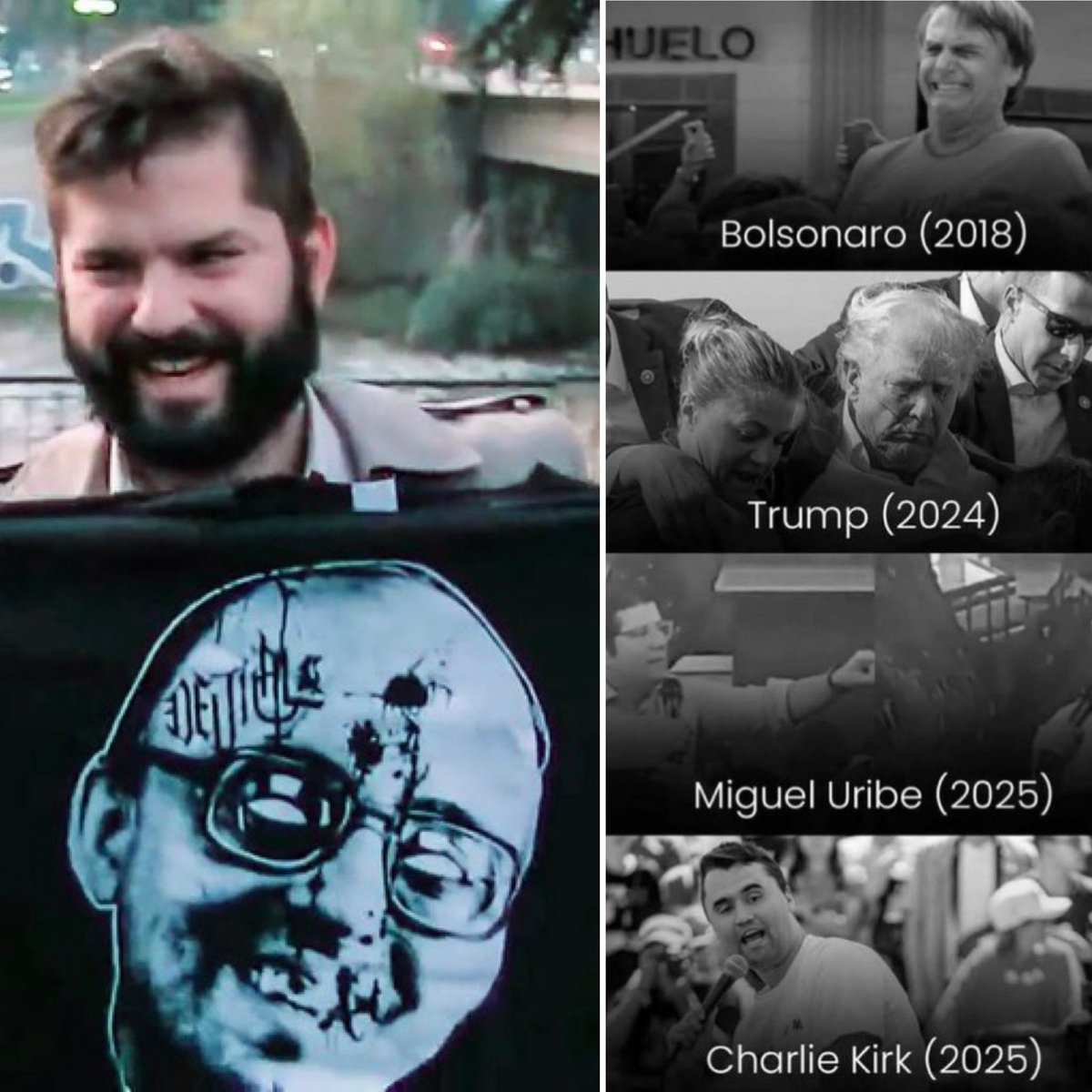 La misma izquierda  que celebró el asesinato de Jaime Guzmán , el atentado contra Trump y Charlie Kirk en EE.UU., el asesinato contra Miguel Uribe en Colombia, y el asesinato de Fernando Villavicencio en Ecuador, hoy se enojan porque José Antonio Kast utiliza vidrios blindados🤫