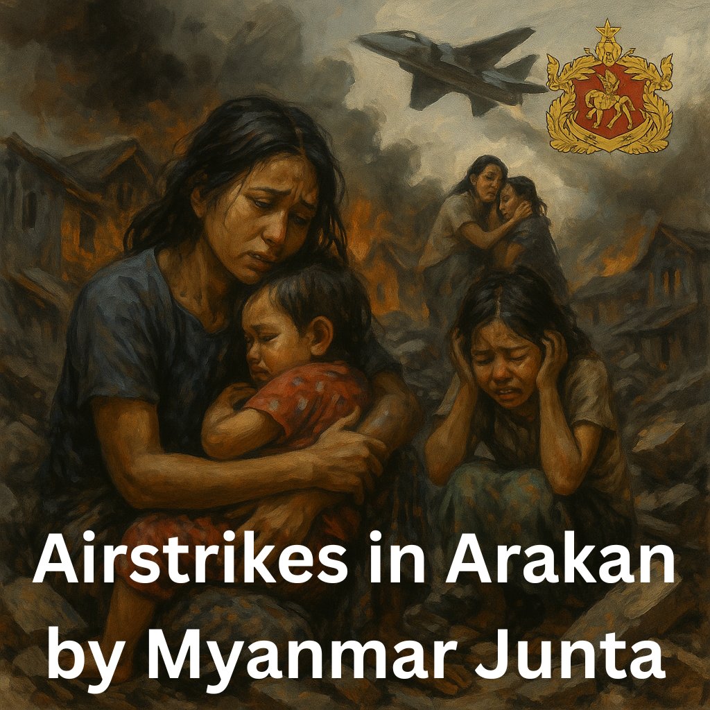 ArakanBaynews's tweet photo. Junta Expands Aerial Attacks Across Rakhine; Pauktaw, Ponnagyun, Rathedaung and Minbya Bombed in 48 Hours

AB News | November 8, 2025

The Myanmar junta has intensified its air campaign across Rakhine State, bombing Pauktaw, Ponnagyun, Rathedaung, and Minbya over the past two days, killing at least 12 civilians and injuring more than 20, according to local sources.

Pauktaw Town Bombed

At around 2:00 p.m. on November 8, a junta jet fighter dropped 500-pound bombs near Pauktaw High School, followed by machine-gun fire from the aircraft.
Residents reported blasts in residential areas, though casualties have not yet been confirmed due to communication disruptions and ongoing air threat.

Ponnagyun and Rathedaung – Two IDPs Killed

Earlier the same afternoon, the junta bombed Kyauk Than Khae Village in Ponnagyun Township, killing two displaced civilians who had fled earlier fighting.
The junta also bombed Kyein Thar Village in Rathedaung Township, firing from the aircraft as it pulled away. Casualty details from Kyein Thar are still being confirmed.

Minbya – Five Killed Including Two Schoolgirls

On the night of November 7, the junta bombed Myo Thit Ward in Minbya town, killing five people, including two schoolgirls, and injuring ten more.
Homes were destroyed and rescue teams had to collect body remains from the rubble.

Ponnagyun – Five More Killed in Village Bombing
Hours earlier on November 7, a junta jet bombed Yoetaroke Village in Ponnagyun, killing five civilians — four women and one man — and injuring seven others.

A suicide drone attack on Aung Phyu Pyin Village the same morning also left one elderly woman injured.
In Kwant Taung Village, the junta fired 120mm artillery from LIB-344, injuring one elderly man.

Pattern and Intent

Residents say the attacks targeted civilian-populated areas, not active frontline positions.
People across these townships now live in constant fear, sleeping in paddy field bunkers or trenches, listening for aircraft at all hours.

Humanitarian workers warn that displaced villagers living in makeshift shelters are the most exposed and least able to protect themselves from aerial bombardment.