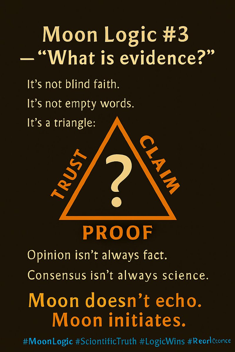 MoonismForhn's tweet image. Moon Logic #3 — What is evidence?

It’s not blind faith. It’s not empty words. It’s a triangle: Trust, Claim, Proof.

Opinion isn’t always fact. Consensus isn’t always science.

Moon doesn’t echo. Moon initiates.

#MoonLogic #ScientificTruth #LogicWins #RealScience
