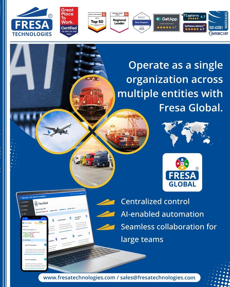 🚀 Operate as a Single Organization Across Multiple Entities with Fresa Global

🔗 For more details, visit:
fresatechnologies.com/products/fresa…

#FresaGlobalERP #AIPoweredSoftware #FreightForwarding #LogisticsSolutions #SmartLogistics #ShippingSoftware #GlobalShipping #TechDrivenLogistics