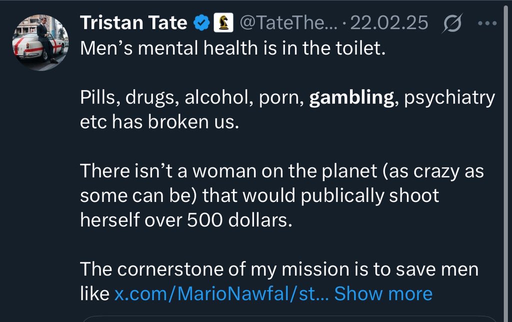 DillyHussain88's tweet photo. The Tates attempt at “saving” western men:

“Porn destroys men” — let’s do webcam.

“Degeneracy and promiscuity is bad” — let’s sleep around and fornicate like studs.

“Gambling kills” — let’s promote gambling.

Fill their pockets and destroy your souls. https://t.co/EjvOwLXrvk