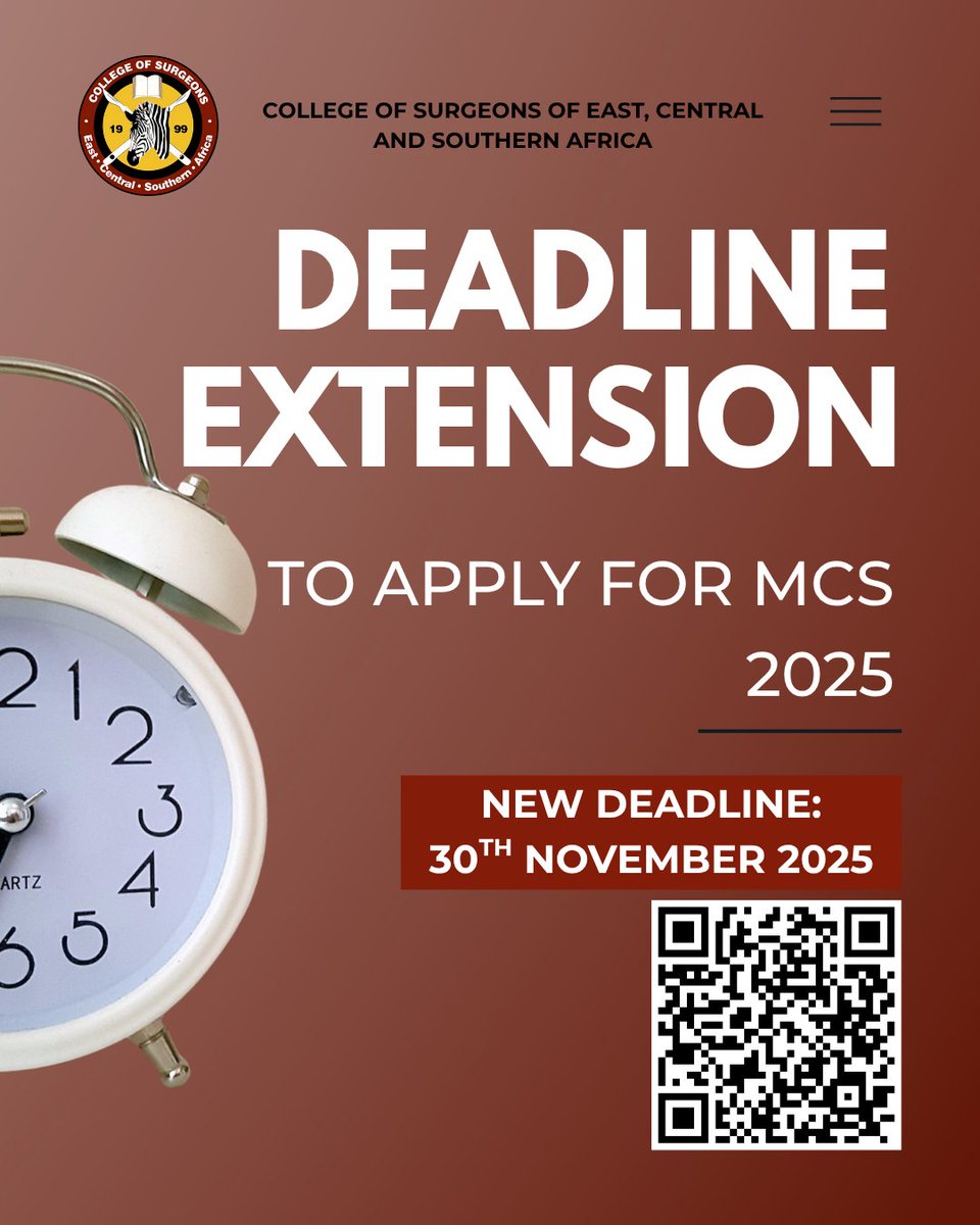 cosecsa's tweet image. DEADLINE EXTENSION!
You have more time to apply for the MCS 2025 with COSECSA!
•New Deadline: 30th November 2025.
To Apply: lnkd.in/egApb2km
Don&apos;t miss out! #Surgeons #MCS #COSECSA2025