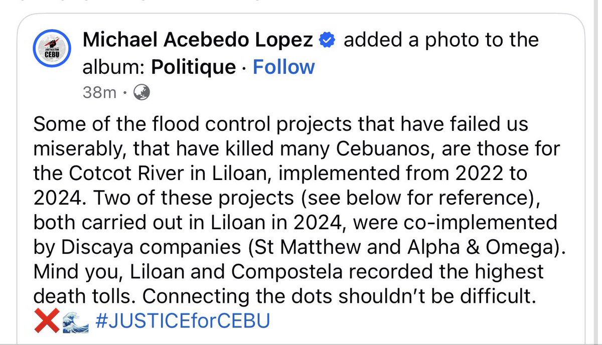 Mike Lopez: Five flood control projects that killed Cebuanos were implemented under Marcos govt. Two of these projects done in Liloan in 2024 were implemented by Discayas. Liloan and Compostela recorded the highest death tolls.

WHEN WILL MARCOS BE HELD LIABLE FOR CEBUANO DEATHS?