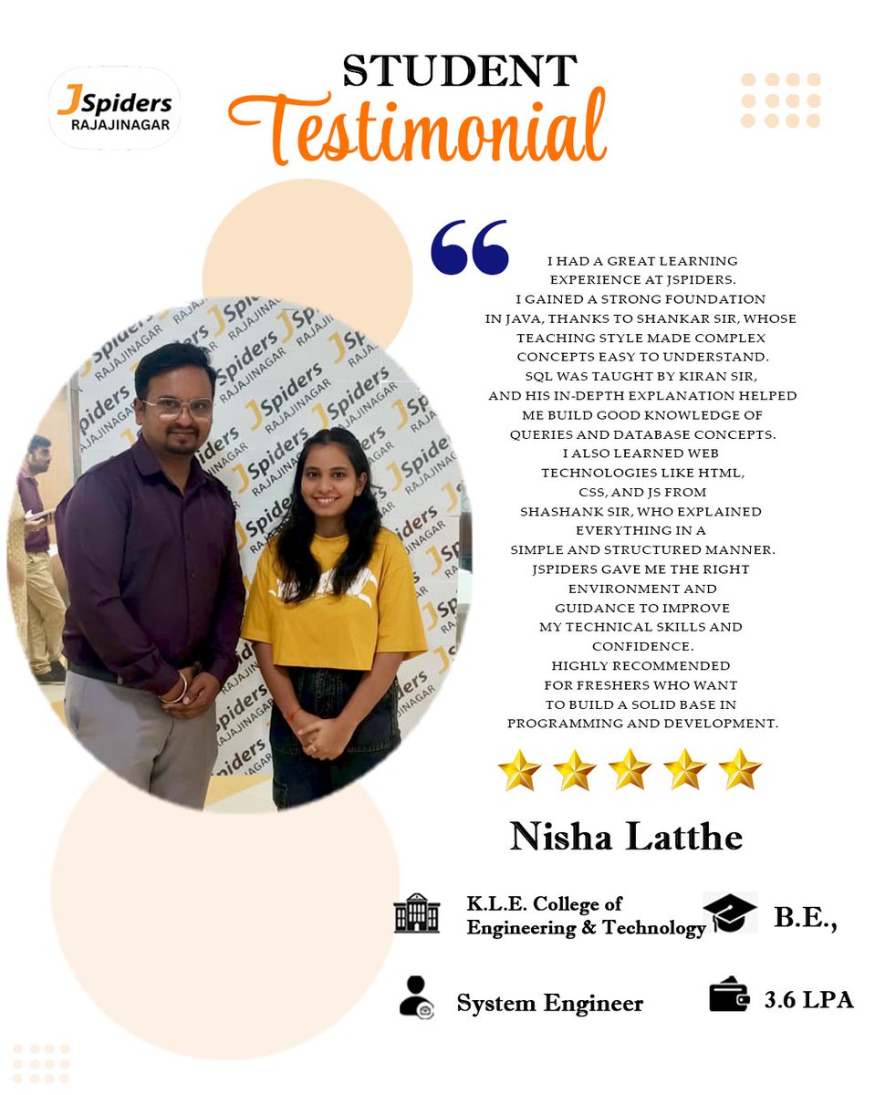 JRajajinagar's tweet image. 💻 From dedication to achievement — Nisha Latthe starts her career as a System Engineer 🎯 Congrats from JSpiders Rajajinagar! 🌟 #SuccessStory #TechAchiever #JavaFullStack #CareerStart #CodingJourney #JSpidersRajajinagar #SuccessStory #CareerStart #TechAchiever #CodingJourney