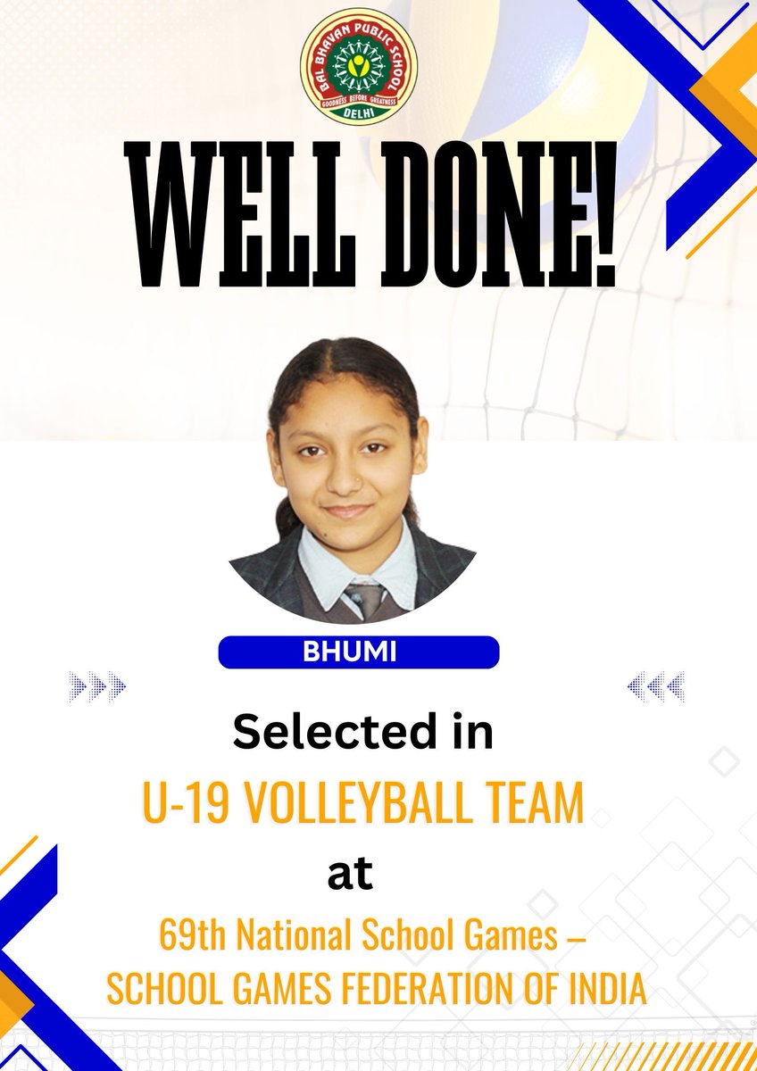Bhumi (Class XI) has been selected in the U-19 Volleyball Team to represent at the 69th National School Games, organized by SGFI. 🇮🇳
Wishing her great success as she makes our school proud on the national stage! 💪✨

#ProudMoment #SGFI #NationalLevel #Volleyball #BalBhavanPride