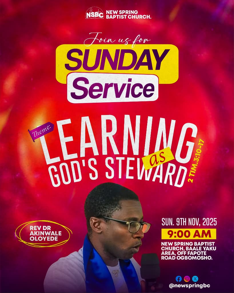 Sunday is almost here again to come learn at the master feets.
Topic: Learning as God's steward. 
Text: 2Tim3: 10-17

#SundayFeeling #baptist