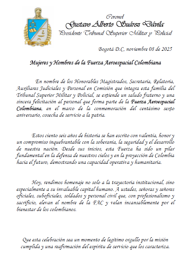 TribunalJPMPCol's tweet photo. ¡Felicidades por estos 106 años de cielos conquistados y de servicio a la Patria! https://t.co/1aGv6GmGaD