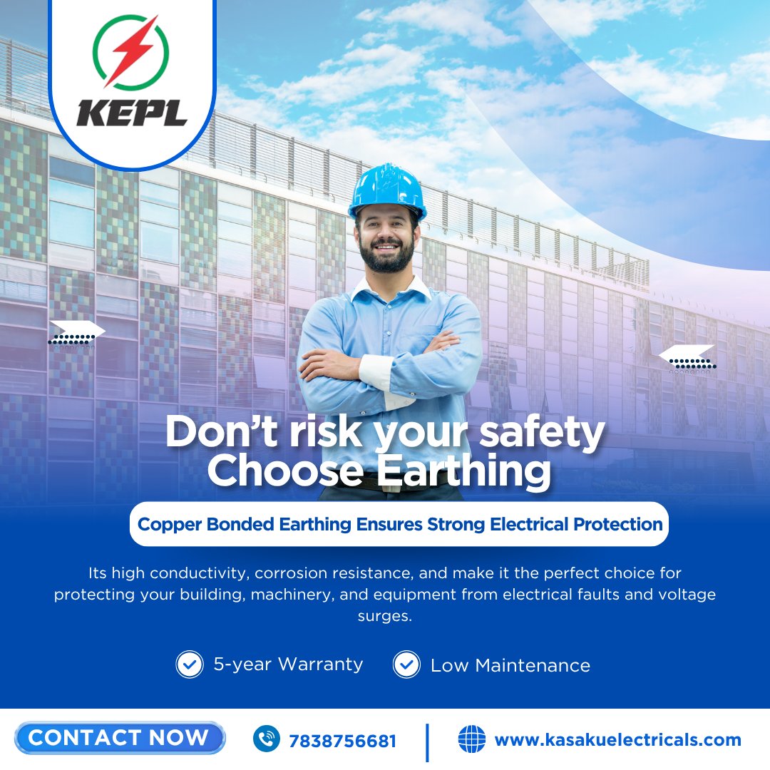 KasakuPvt's tweet image. Don’t risk your safety — choose Copper Bonded Earthing for strong electrical protection and long-lasting performance! Stay grounded, stay safe with Kasaku Electricals

Call: 7838756681
Website: kasakuelectricals.com

#CopperBondedEarthing #ElectricalSafety #StrongProtection