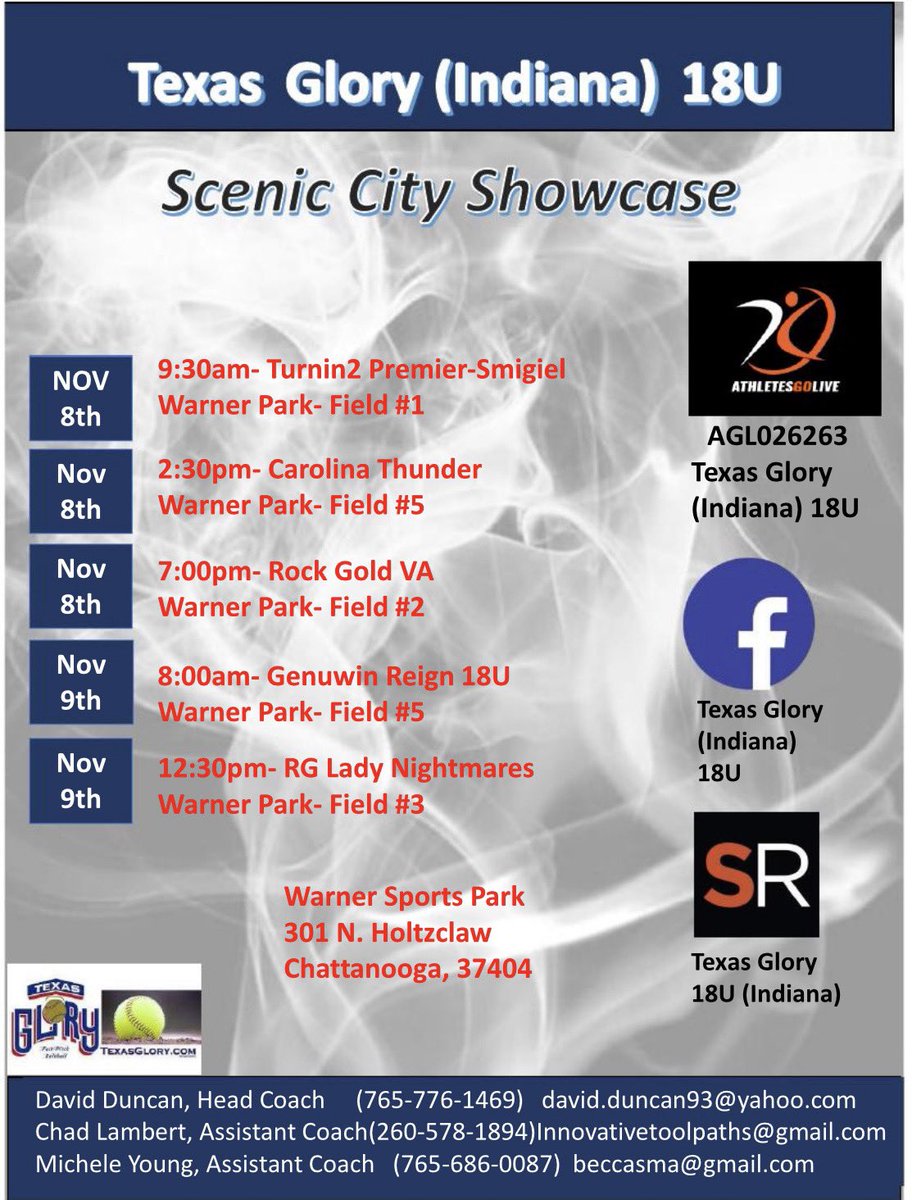 One last showcase of the fall season with my <a href="/18uGlory/">Texas Glory 18U (Indiana)</a>  fam! Watch us play!  
<a href="/nlsportsperf/">Next Level Sports Performance</a> <a href="/BelmontSoftball/">Belmont Softball</a> <a href="/UIndySoftball/">UIndy Softball</a> <a href="/USISOFTBALL/">USI SOFTBALL</a> <a href="/UEAthletics_SB/">UE Softball</a> <a href="/d1fastpitch1/">D1 Fastpitch</a> <a href="/Sports_Recruits/">SportsRecruits</a> <a href="/PurdueSoftball/">Purdue Softball</a> <a href="/fastpitchwatch/">Fastpitch Watch</a>