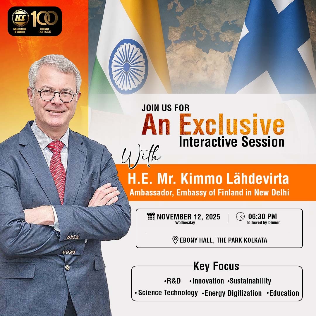 ICC_Chamber's tweet image. Strengthening India–Finland Collaboration!

An exclusive interactive session with H.E. Mr. Kimmo Lähdevirta, Ambassador of Finland in New Delhi, as we explore new frontiers in R&amp;amp;D, innovation, sustainability, and education.

Date: November 12, 2025
Venue: The Park, Kolkata…