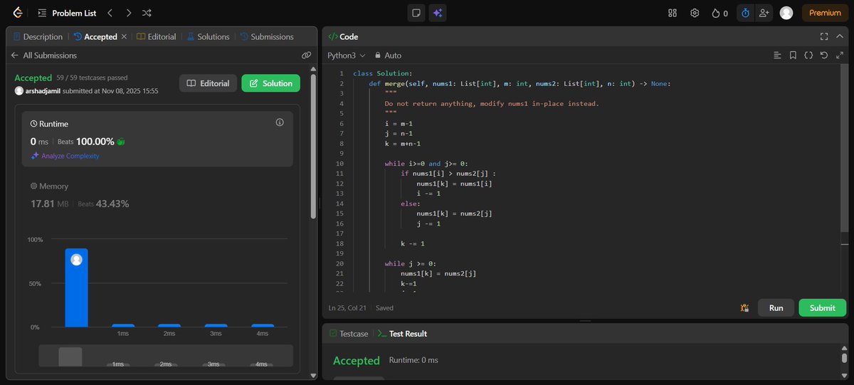 ArshadJamil2003's tweet image. Day 11 of DSA 🚀
Focused on optimal merging logic 👇
➡ Merge Two Sorted Arrays (No extra space)
➡ Merge Overlapping Intervals

Thinking more in terms of efficiency now 🔥
#Day11ofDSA #StriverA2ZDSA #DSA #CodingJourney #Consistency
