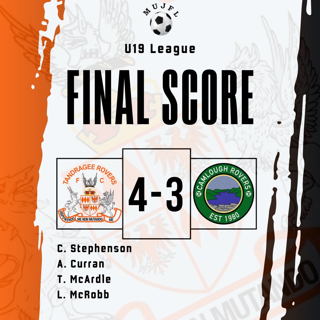 𝐔𝟏𝟗 𝐫𝐞𝐬𝐮𝐥𝐭 🟠⚫️

U19’s beat Camlough Rovers 4-3 this morning with a last minute winner from Luke McRobb to keep their 100% record in the league intact. Well done lads👏🏻