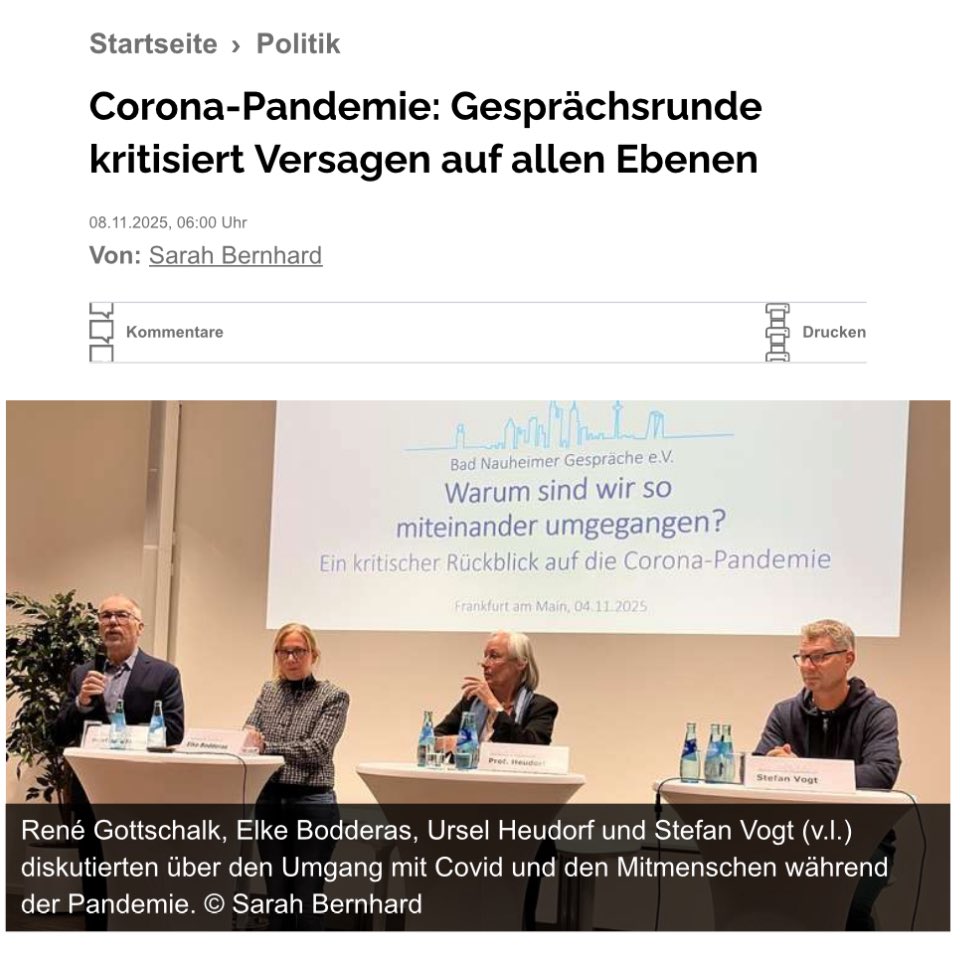 „Corona-Pandemie: Gesprächsrunde kritisiert VERSAGEN AUF ALLEN EBENEN“:

„Wie konnte es dazu kommen? Für Stefan Vogt liegt das an einem ‚toxischen Narrativ‘, also daran, dass eine falsche Geschichte so lange erzählt wurde, bis sie für wahr gehalten wurde. Toxische Narrative
