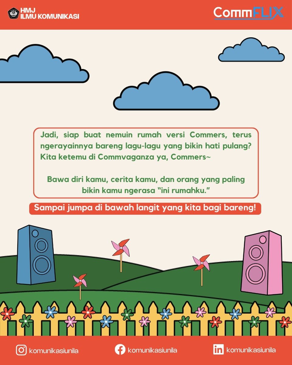 komunikasiunila's tweet image. Nah, sekarang kita siap ajak kalian buat ngerasain semuanya langsung lewat Art Exhibition &amp;amp; Konser Piknik Commvaganza Ilmu Komunikasi Unila. Siapin hati, tikar, dan temen ternyaman kalian, ya.
Kita bakal pulang bareng di sana.

#CommX #CommFLIXsolution #Communila