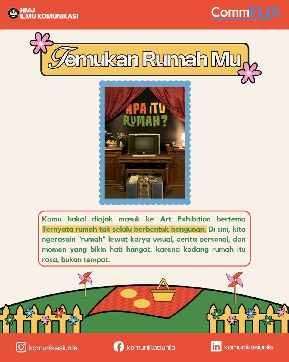 komunikasiunila's tweet image. Nah, sekarang kita siap ajak kalian buat ngerasain semuanya langsung lewat Art Exhibition &amp;amp; Konser Piknik Commvaganza Ilmu Komunikasi Unila. Siapin hati, tikar, dan temen ternyaman kalian, ya.
Kita bakal pulang bareng di sana.

#CommX #CommFLIXsolution #Communila