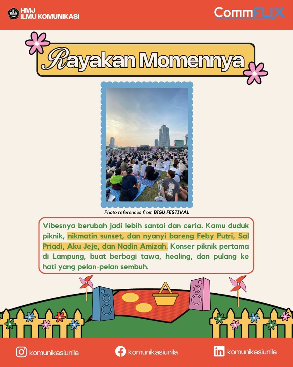 komunikasiunila's tweet image. Nah, sekarang kita siap ajak kalian buat ngerasain semuanya langsung lewat Art Exhibition &amp;amp; Konser Piknik Commvaganza Ilmu Komunikasi Unila. Siapin hati, tikar, dan temen ternyaman kalian, ya.
Kita bakal pulang bareng di sana.

#CommX #CommFLIXsolution #Communila