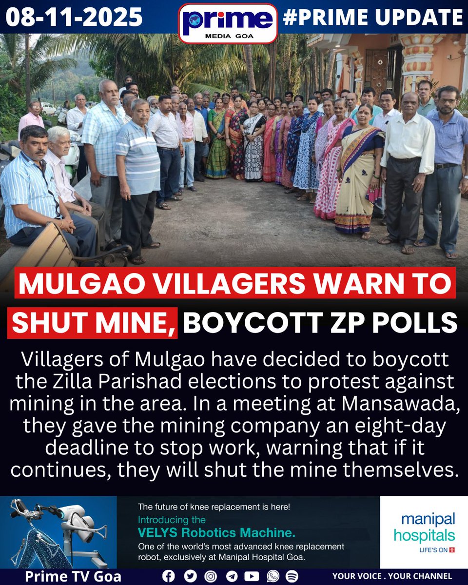 PrimeTVGoa's tweet image. Mulgao Villagers Warn to Shut Mine, Boycott ZP Polls

#GoaNews #Mulgao #MiningProtest #ZPElections #GoaUpdates #GoaPolitics #GoaMining #CitizenVoice