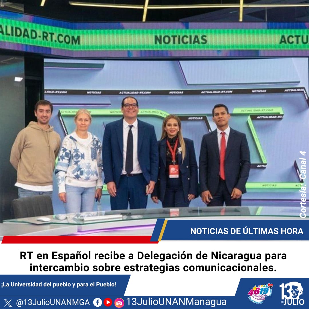 La agencia de noticias RT en español recibe a una Delegación de #Nicaragua para el intercambio y cooperación de estrategias comunicacionales 
#SomosUNAN
#ManaguaSandinista
#OctubreVictorioso