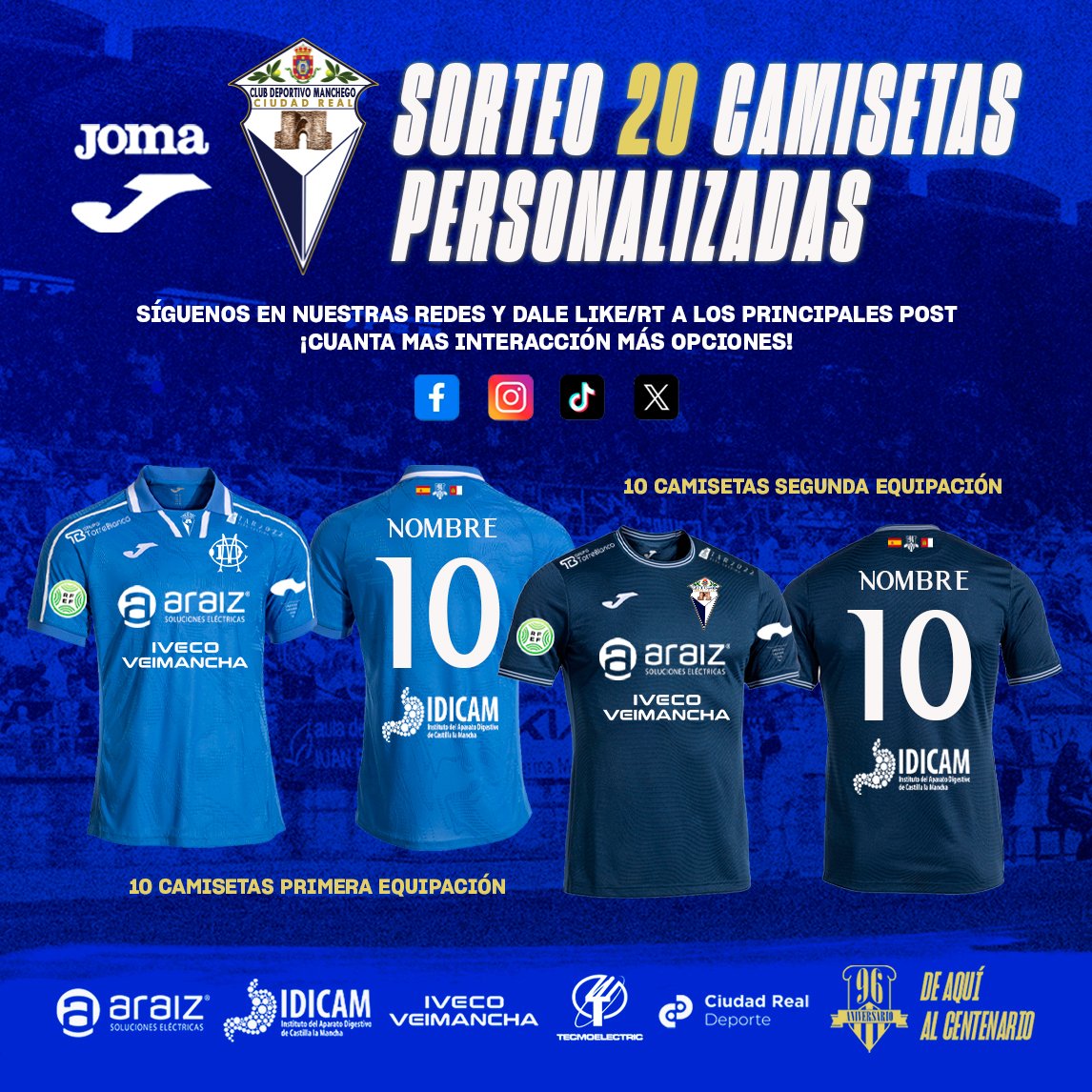 CDManchegoCReal's tweet image. 🔵SORTEO 👕@JomaSport⚪️

Vamos a premiar vuestra participación en nuestras RRSS, vuestra interacción con el Club.

SÍGUENOS, dar LIKE, RT a este post y a todos los que te gusten... comenta.. cuanta más interacción, más opciones: sorteo* de 20 elásticas (10 de la primera…