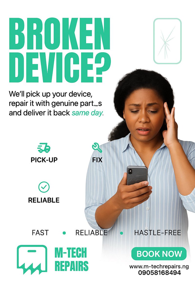 M_techRepairs's tweet image. 📱 Still using a cracked phone?
Don’t stress it — M-Tech Repairs will pick it up, fix it fast, and bring it right back looking brand new.
No queues. No delay. Just same-day repairs done right.
🚗💨 Book now at m-techrepairs.ng