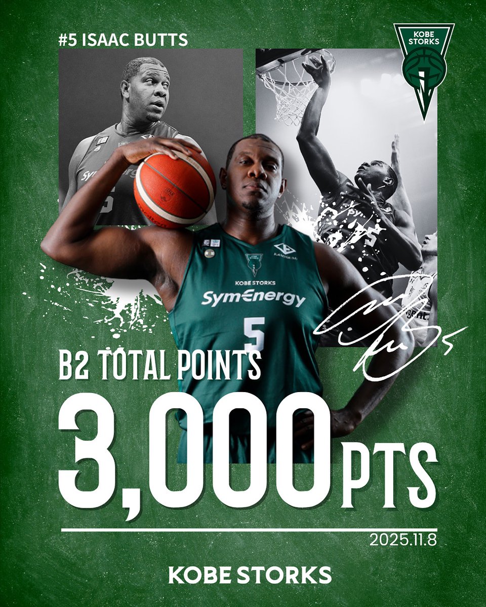 ◤記録達成◢
11/8（土）青森戦にて、＃5 #アイザックバッツ 選手がB2個人通算得点3,000得点を達成しました。㊗️✨

#神戸ストークス
#STORKSPRIDE #ALLGREENKOBE
#Bリーグ #バスケットボール