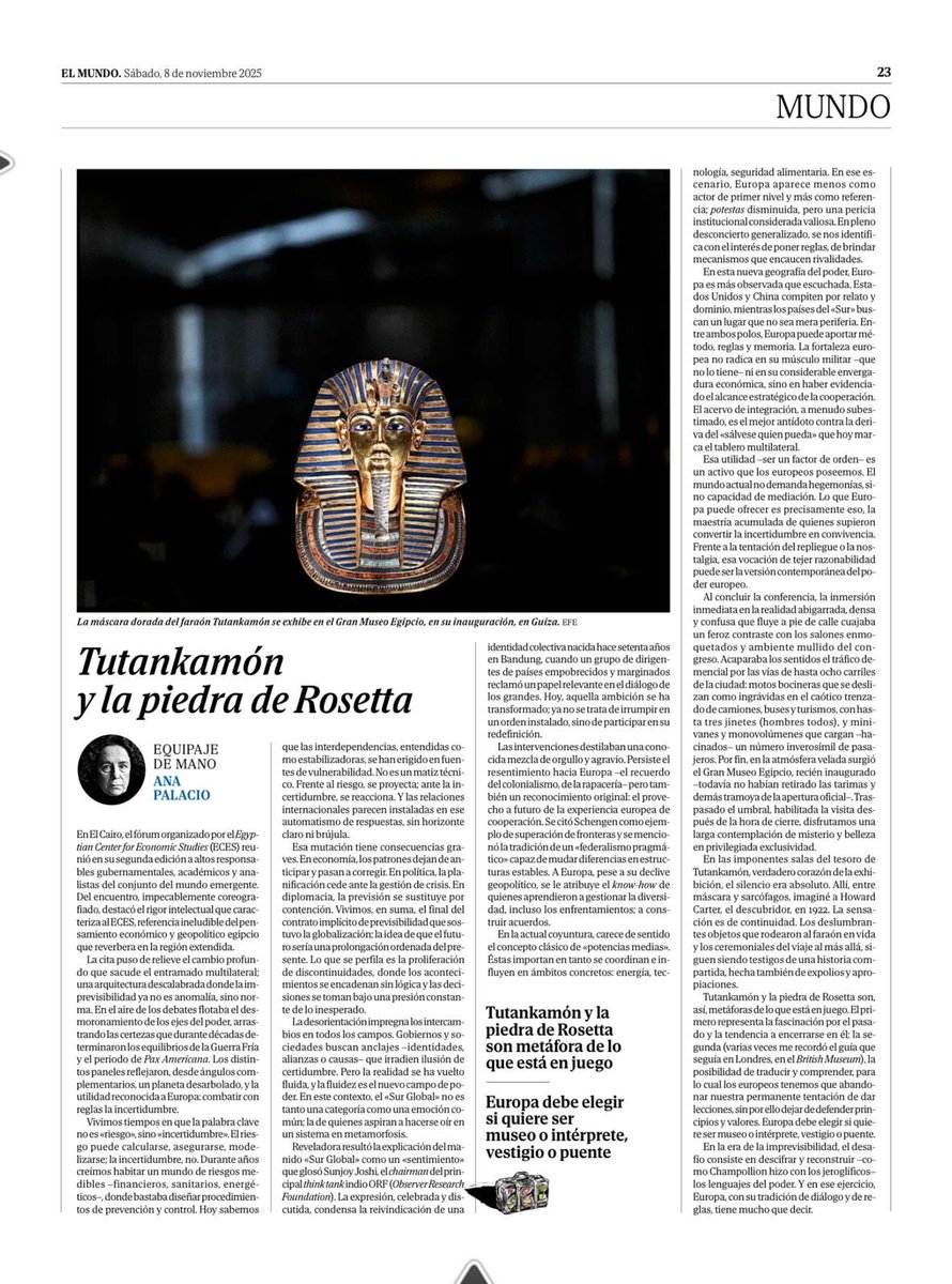 De obligada lectura esta joya de <a href="/anapalacio/">Ana Palacio</a> hoy en <a href="/elmundoes/">EL MUNDO</a> dando razones del papel de la UE en el mundo e invitándonos a ofrecer al mundo la maestría de quienes supieron convertir la incertidumbre en convivencia