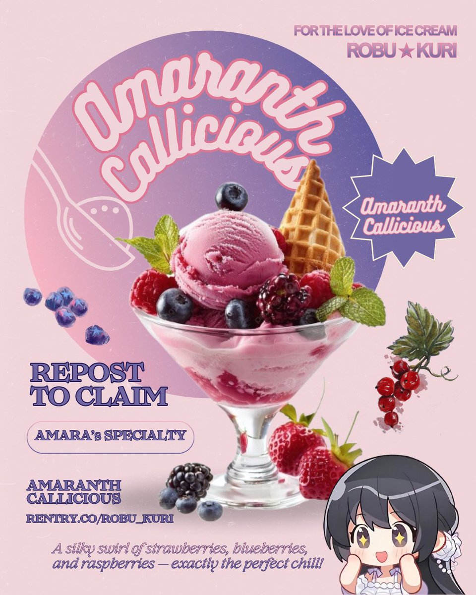 ROBU_KURI's tweet image. ㅤㅤㅤ

【  REPOST TO CLAIM  】

DAY 4 OF ROBU ✭ KURI
CREW SPECIALTIES ⸜(｡˃ ᵕ ˂ )⸝♡

AMARANTH CALLICIOUS
by @crimsonpanacea! 🍦
It tastes like sunshine collided with a storm of flavor—loud, fresh, and beautifully alive.

【  XOXO, 
ROBU ✭ KURI  】

ㅤㅤㅤ