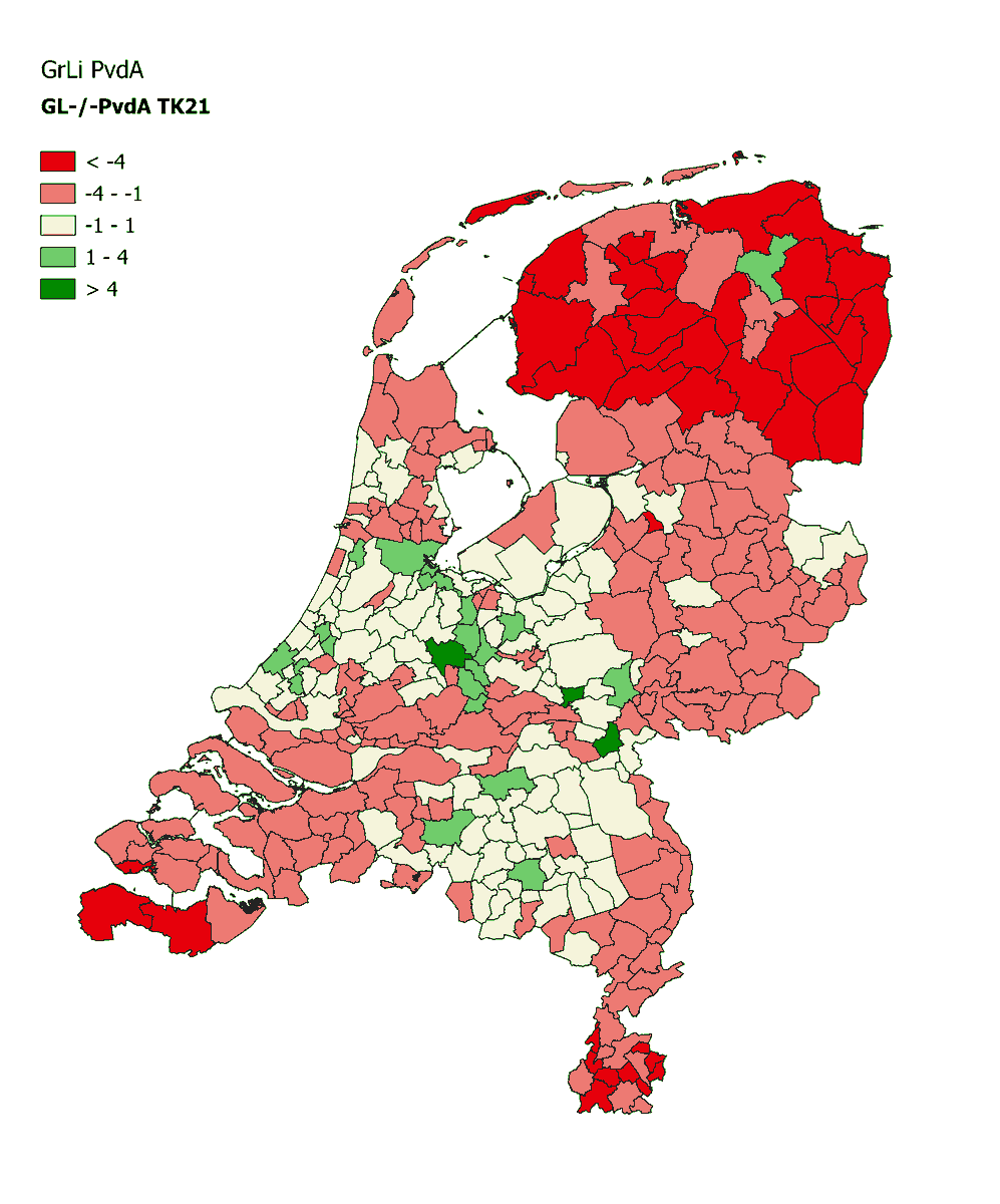 paulusdewilt's tweet photo. Interessante vergelijking: links het verschil tussen GroenLinks en de PvdA in 2021 in %punten (de laatste keer dat ze gescheiden aan de kamerverkiezingen deelnamen), het andere de winst-verlieskaart van GroenLinks/PvdA tussen '21 en '25... https://t.co/EyzoEYdrdK