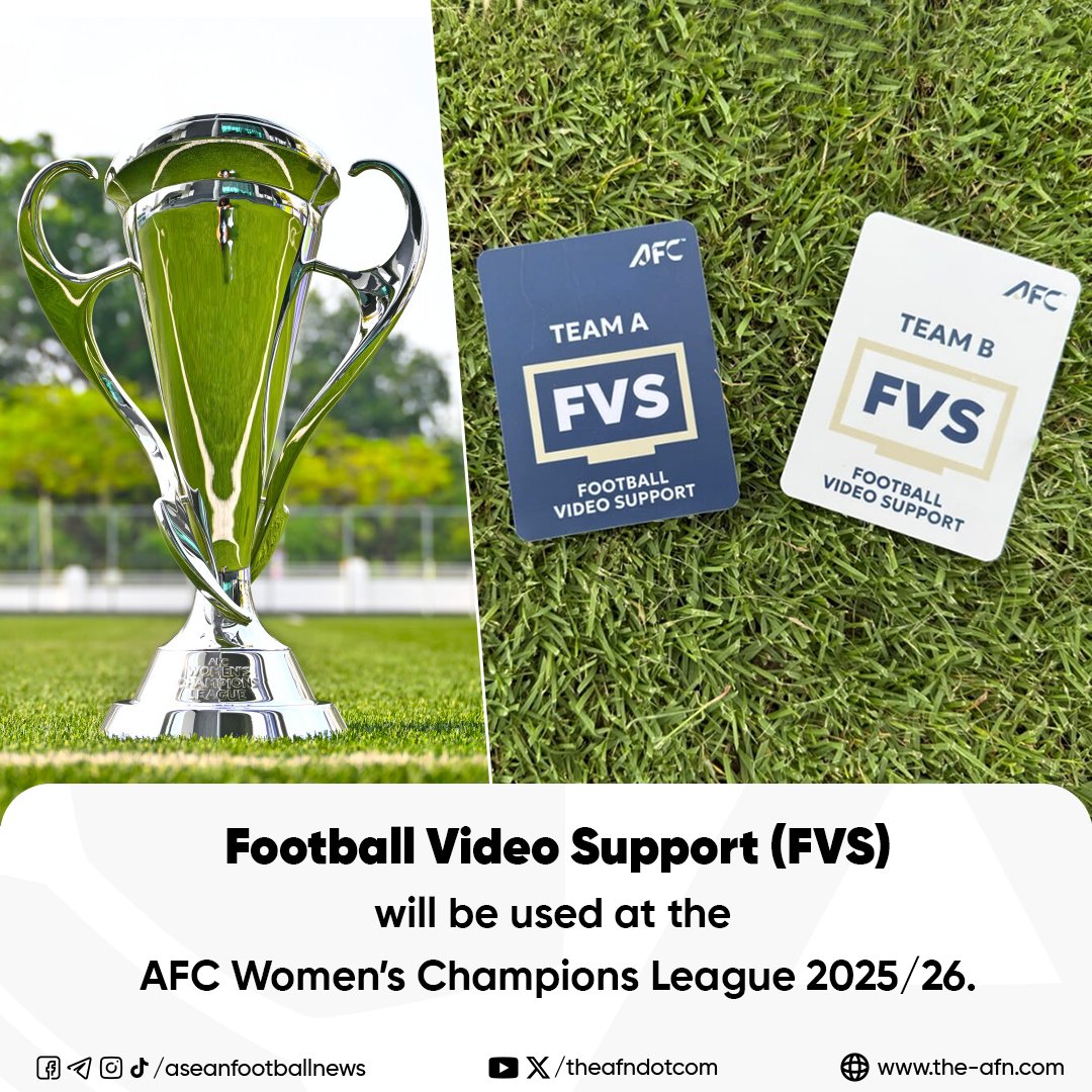 theafndotcom's tweet image. The AFC will introduce the Football Video Support (FVS) system at the AFC Women’s Champions League 2025/26, starting Nov 9.
A cost-effective alternative to VAR, FVS lets head coaches request reviews in key match situations. ⚽ #AFCWCL #FVS