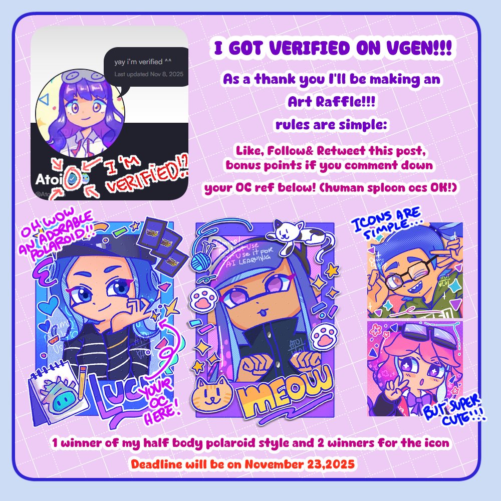 Atoi_Iota's tweet image. I got verified on vgen finally so..... 
✨ART RAFFLE TIME!!!✨
 Like, Follow and RT this post
1 winner gets polaroid style half body
2 winners gets an Icon

Deadline is on November 23, 2025
💕💕Tysm and good luck!!! 💕💕