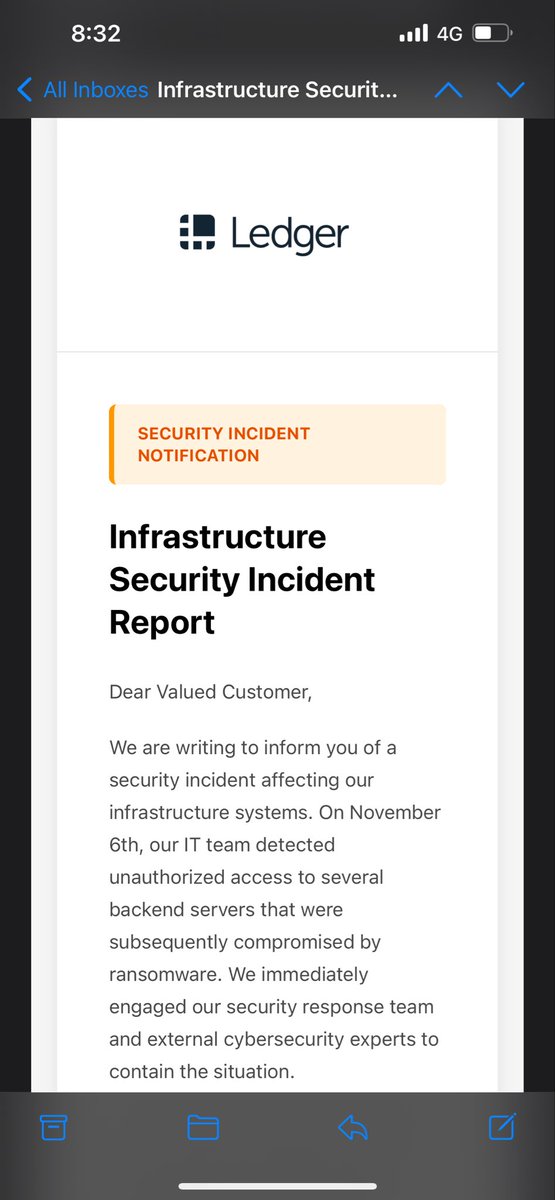 cryptounker_'s tweet photo. Received this email claiming to be from @Ledger but i did not purchase my hardware using that email. Stay safe guys https://t.co/k8u1KcHJ4o