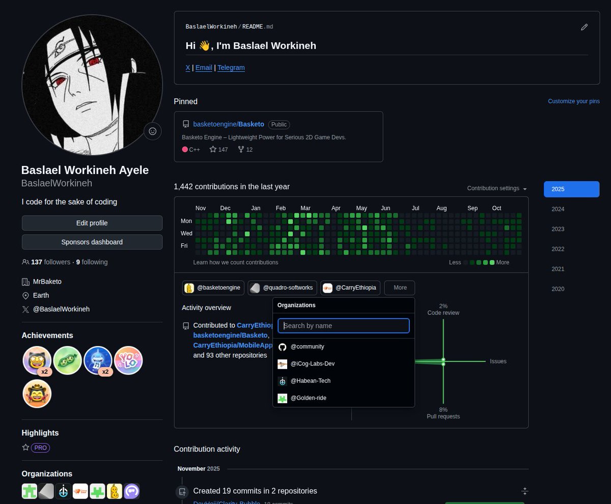 BaslaelWorkneh's tweet image. This is what a random dude&apos;s GitHub looks like.