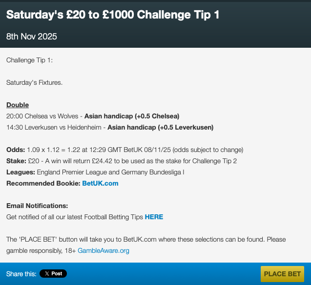 No1TFT's tweet photo. Saturday's £20 to £1000 Challenge Tip 1

Visit our website for the rest of Saturday's betting tips                                                                    

#TopFootballTipster #BettingTips #BettingChallenge https://t.co/m361lZcSOu