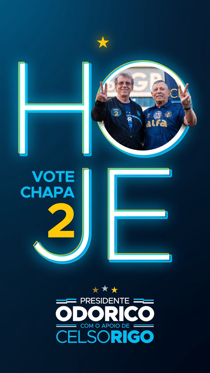 Chegou o dia mais importante para decidir o futuro do Grêmio.

Hoje, com o voto do associado, se define o destino do nosso clube.

Vote, participe e faça a sua voz ser ouvida.

Por um Grêmio forte, responsável e vencedor, vote chapa 2!💪💙