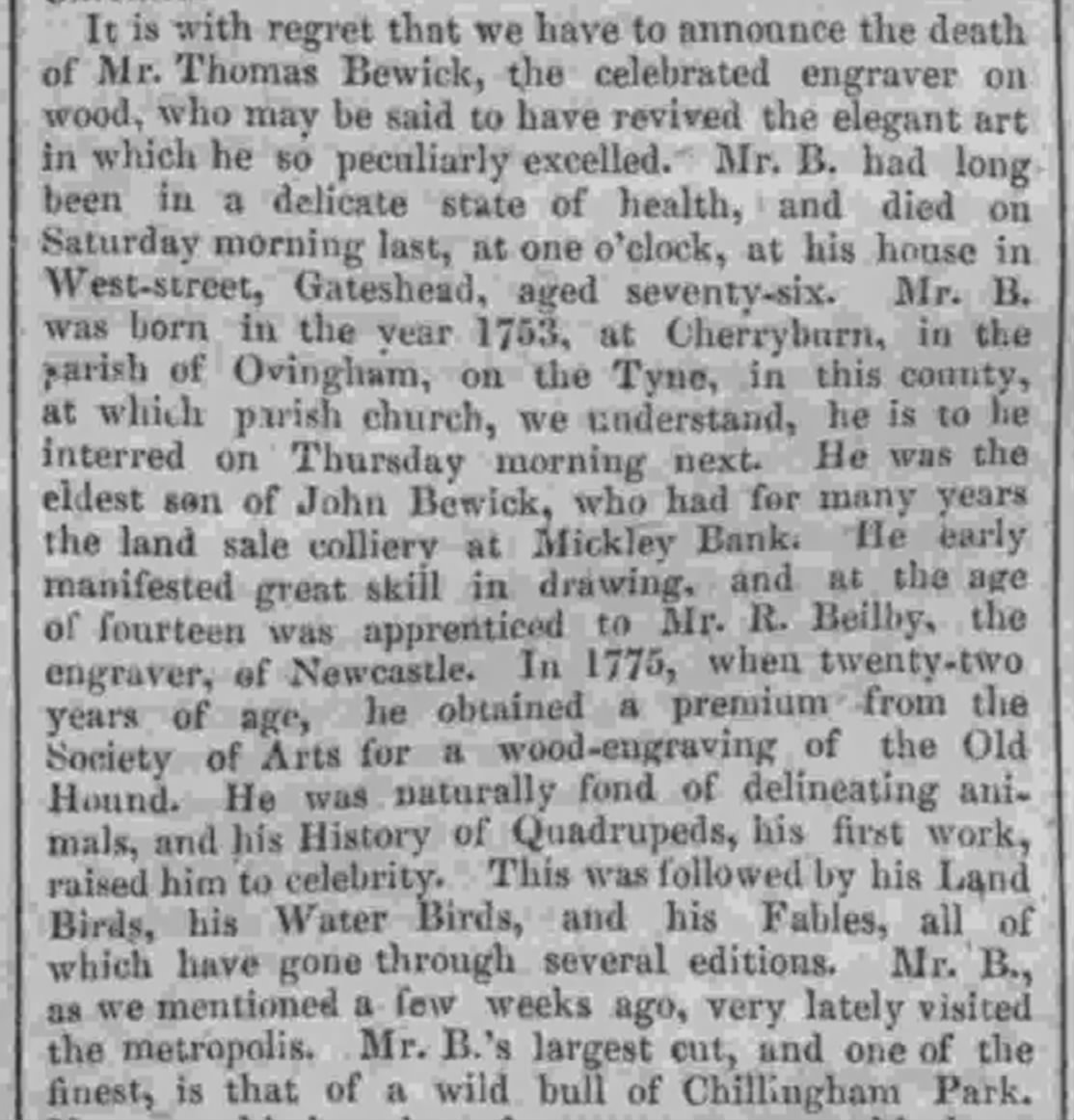TyneSnapper's tweet image. #Gateshead #Ovingham The death on this day 8th November 1828 of the famous wood engraver Thomas Bewick. Died in Gateshead and buried in Ovingham. Bust in Amen Corner, Newcastle upon Tyne. Piece from the London Standard of 13th November 1828, via the Tyne Mercury.