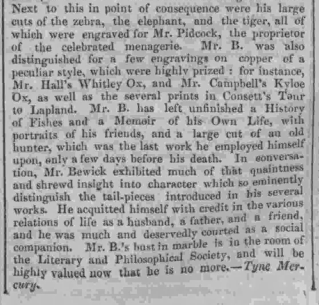 TyneSnapper's tweet image. #Gateshead #Ovingham The death on this day 8th November 1828 of the famous wood engraver Thomas Bewick. Died in Gateshead and buried in Ovingham. Bust in Amen Corner, Newcastle upon Tyne. Piece from the London Standard of 13th November 1828, via the Tyne Mercury.