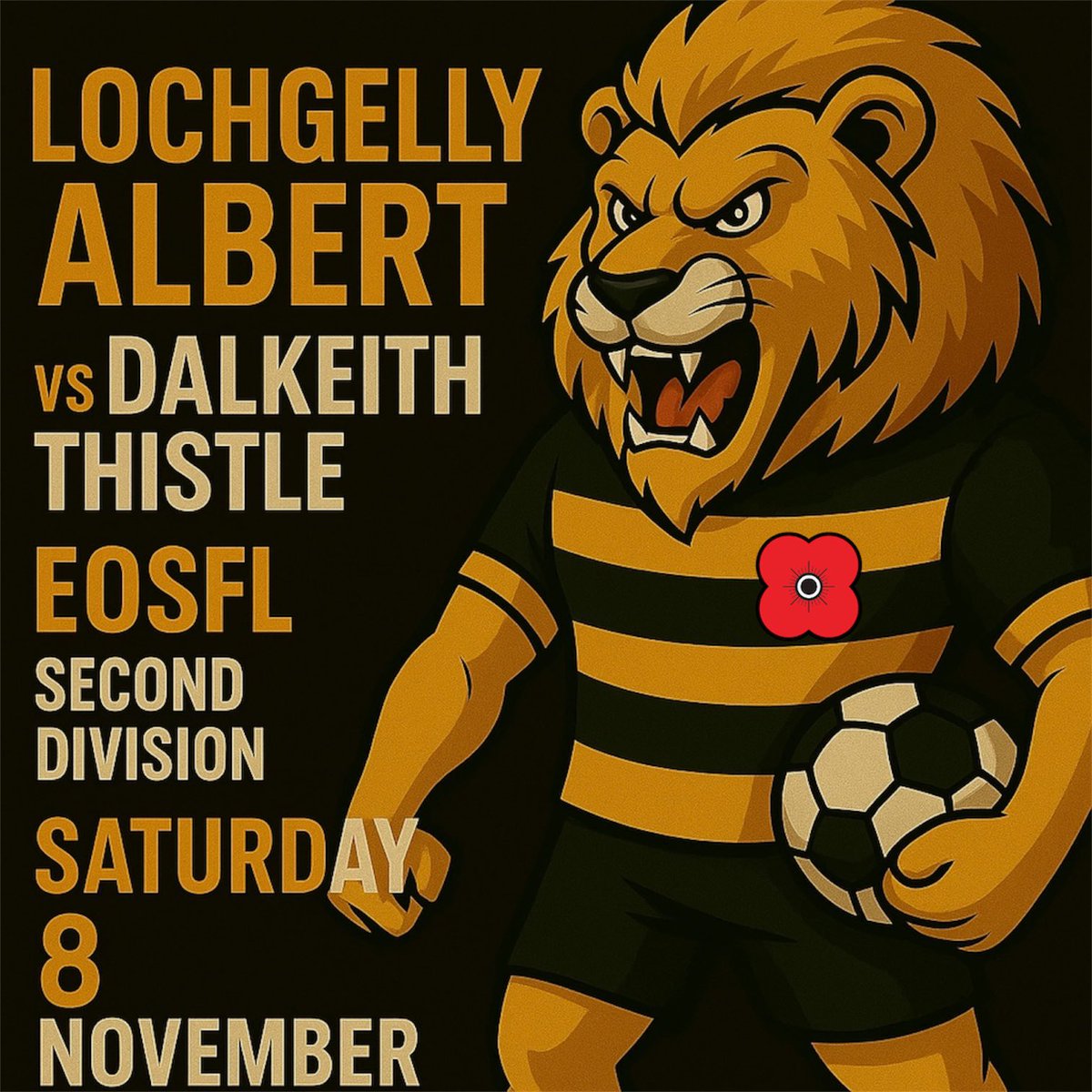 ⚽️ Dalkeith Thistle vs Lochgelly Albert
🏆 EOSFL Second Division
🗓️ Saturday, 8 November
🏟️ Kings Park Stadium, Dalkeith 
⏱️ Kick-off 14:30

#BackTheBerts 🟡⚫️
